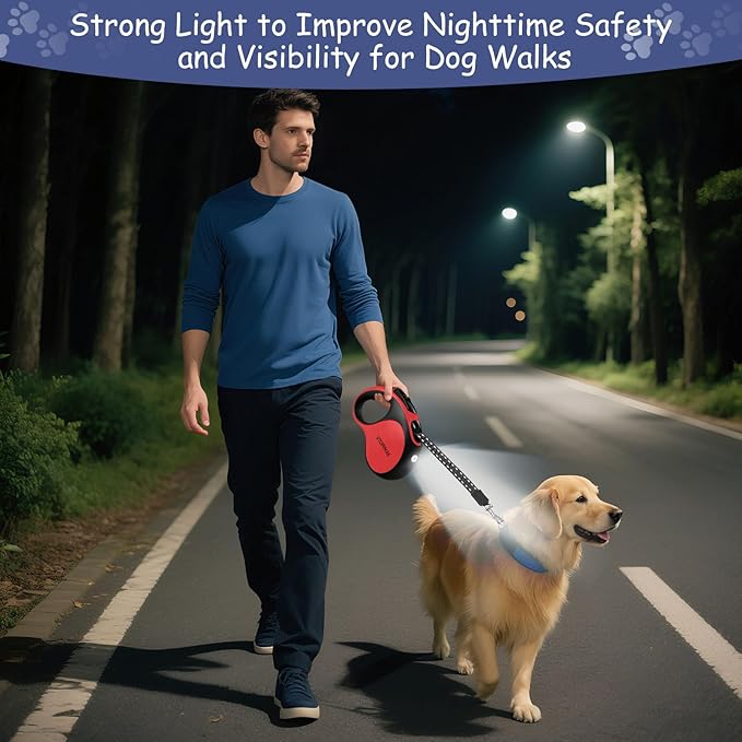 16Ft Retractable Dog Leash - for Small to Medium Dogs Up to 66lbs, Heavy Duty Retractable Leash with Light Rechargeable, Quick Lock Braking & Non-Slip Handle (Red)