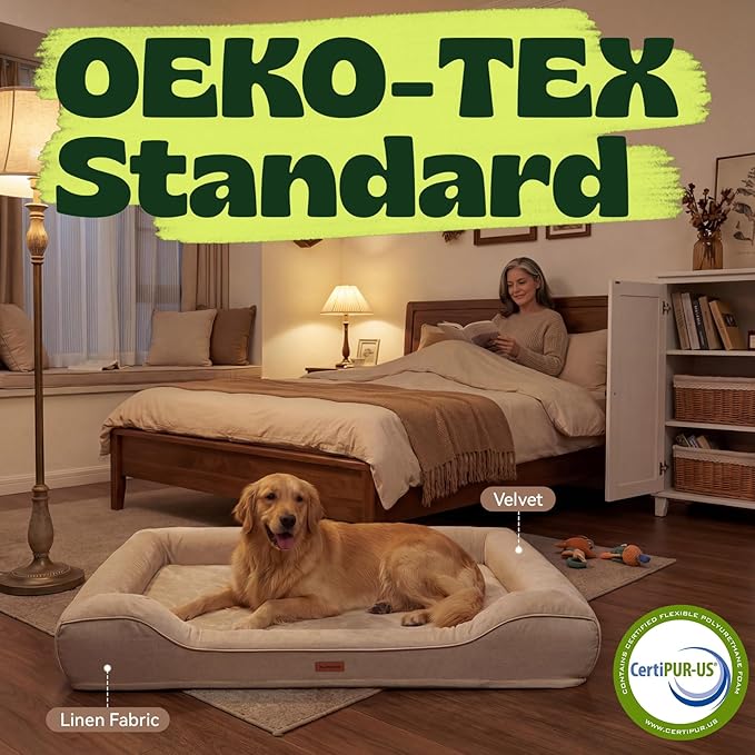 Cooling Orthopedic Extra Dog Beds with Washable Removable Cover,Cool Gel Memory Foam Couch Bed for Jumbo Dogs with Non-Slip Bottom and Egg-Crate Foam Big Waterproof,48.0" LX30.0 WX9.0 Th Beige