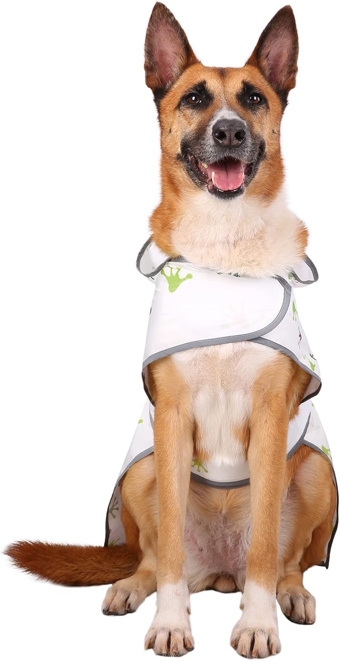 Dog Raincoats for Large Dogs Waterproof Hooded Rain Jacket with Reflective Strips Leash Hole & Poncho Adjustable Fit (FrogPaw,L)