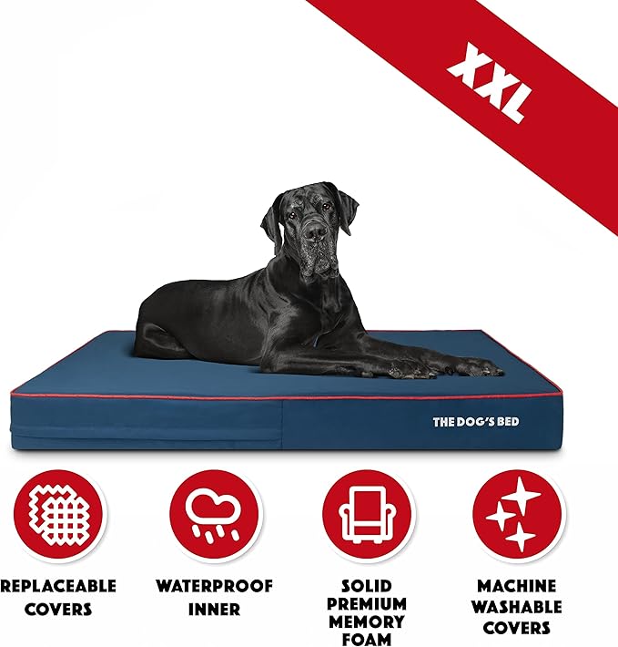 The Dog’s Bed Orthopedic Cooling Memory Foam Dog Bed, XXL Blue & Red Trim, Pain Relief for Arthritis, Hip & Elbow Dysplasia, Post Surgery, Lameness, Supportive, Washable Cover, Veterinary Approved