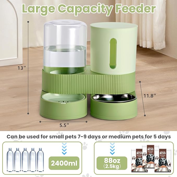 2 Pack Automatic Cat Feeder Stainless Steel Water Dispenser Gravity Food Feeder and Waterer Set with Pet Food Bowl for Small Medium Kitten Puppy Pets Large Capacity(Green)