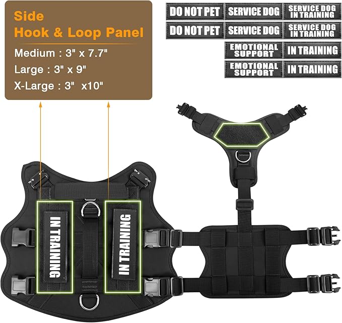 WINSEE Tactical Dog Harness with Dog Leash, Service Working MOLLE Vest with 10 Pet Patches for Large Dog, No Pull Military Harness and Backpack for Training Hunting Walking