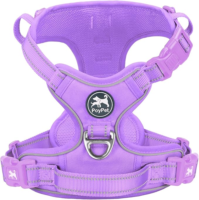 PoyPet No Pull Dog Harness, No Choke Reflective Dog Vest, Adjustable Pet Harnesses with Easy Control Padded Handle for Small Medium Large Dogs(Light Purple Matching Trim,M)
