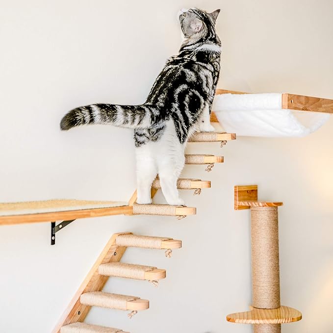FUKUMARU Cat Climbing Shelf Wall Mounted, Four Step Cat Stairway with Jute Scratching for Kitten Perch Platform Walls Furniture - Left to Right
