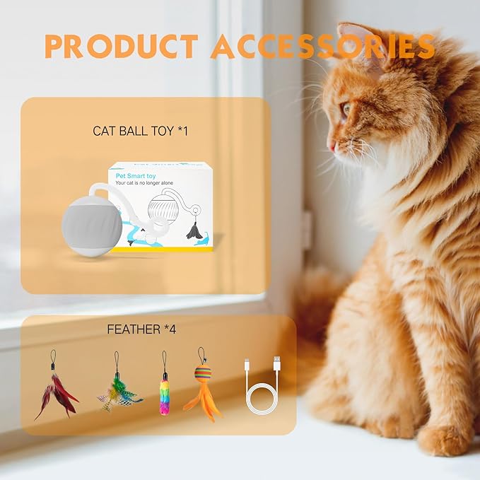Interactive Cat Toys Ball - Electric Automatic Toys for Indoor Cats, LED Lights and Toys Feather Tail with Sound Activated and Touch, USB Rechargeable, 2peeds Mode for Bored Kittens/Adult Cats