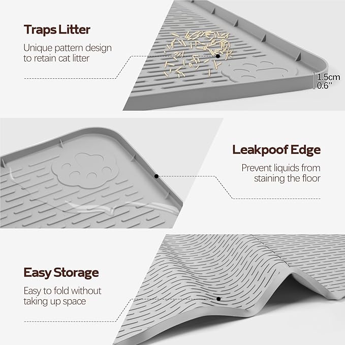 Cat Litter Mat, 2 Pack Large 34" x 22" Silicone Mat Litter Trapping Mat for Scatter Control, Soft on Kitty Paws, Easy to Clean (Light Grey)