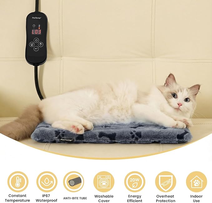 Pet Heating Pad for Cats Dogs, Heated Cat Dog Bed with 5 Temperature Levels, Timer, Auto Shut-Off, Thick Paw-Print Cover, Chew Resistant Cord for Indoor & Sheltered Outdoor Use (S: 16" x 13" x 1.3")