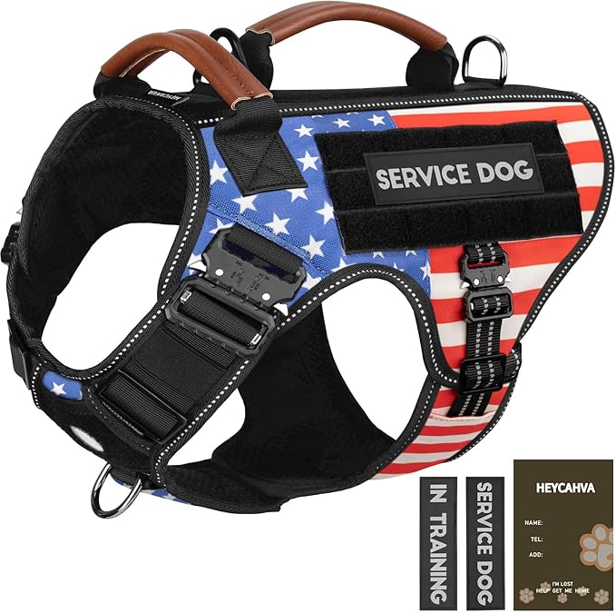 Service Dog Vest - HEYCAHVA Tactical Dog Harness Full Metal Buckles Dog Vest for Large Medium Dog Reflective No Pull Dog Harnesses with Leather Handle, Hook & Loop for Hiking Training (Flag, XL)