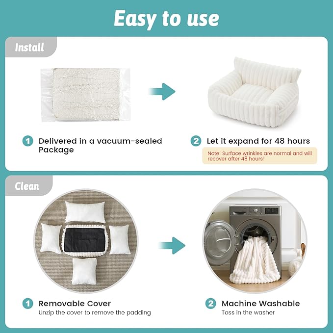 Cute Cat Bed with Removable Cover, Multifunctional Plush Faux Fur Pet Couch Bed with Blanket, Ultra-Soft Pet Furniture for Cats & Small Dogs (Cream, S: 25.5''x17.5'')