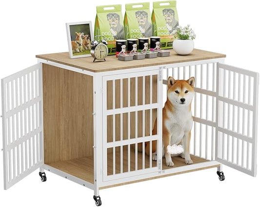 41" Furniture Style Large Dog Crate with Wheels, Chew-Resistant Dog Kennel Furniture Indoor for Large & Medium Dogs, 41"L x 29.1"W x 30.3"H, Decorate House as TV Stand, End Table — Natural and White