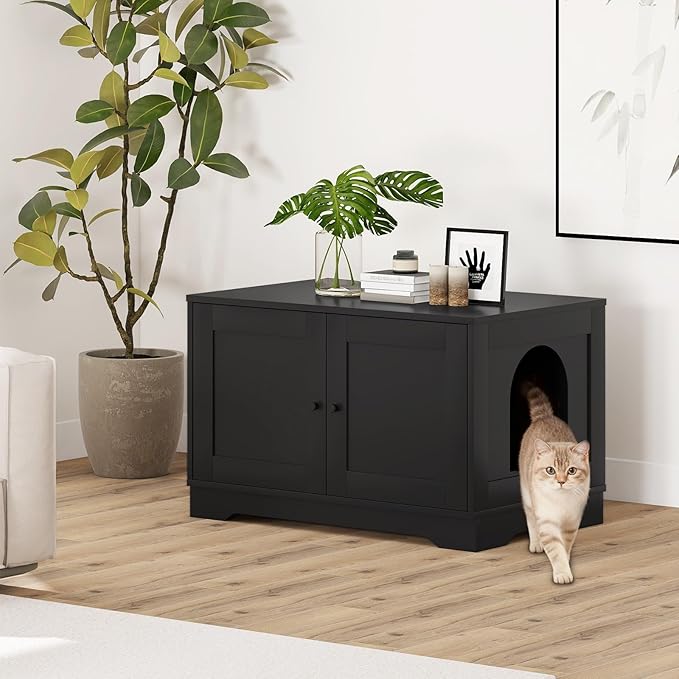 Tangkula Cat Litter Box Enclosure, Wooden Kitty Washroom Cabinet w/Winding Entry & Cat Hole, with Divider, Hidden Double Enclosed Litter Box Furniture for Living Room, Bedroom, Entryway (Black)