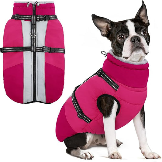 SUNFURA Dog Coat for Small Dogs, Warm Dog Winter Jacket with Harness Built in, Waterproof Pet Snow Jacket Fleece Cold Weather Coats for Puppy Chihuahua, Maltese, Hot Pink XS