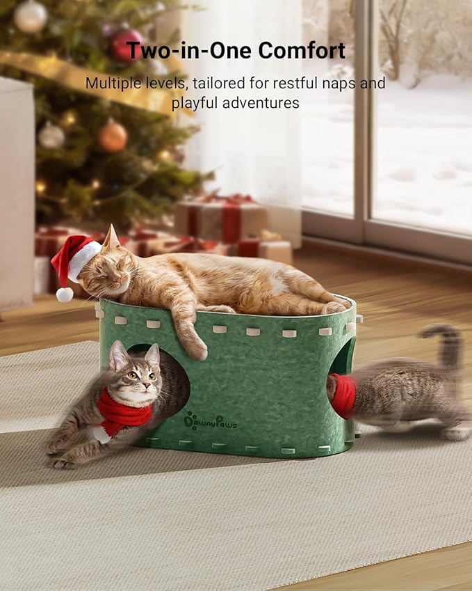 DownyPaws Cat House for Indoor Cats, Cat Bed Cave for Multiple & Large Cats Up to 22 Lbs, Scratch Resistant Peekaboo Cat Caves, Foldable Tunnel Enclosed Bed, PeekaPurr, Forest