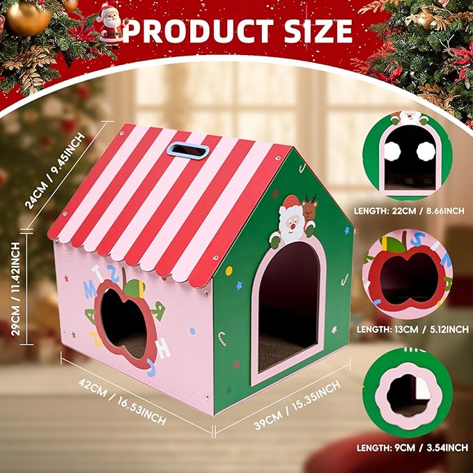 WUGO Christmas Cat Scratcher House - Cardboard Cat House with 2pcs Scratching Pad 16.5"x16"x17" Christmas Decorations Scratcher for Kitty Play House for Indoor Cats’ Birthday Cats Xmas Red