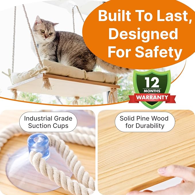 Cat Window Perch with Industrial-Grade Suction Cups - Solid Pine Wood Hammock Bed, Soft Cushion - 42 lb Capacity for Cats Inside
