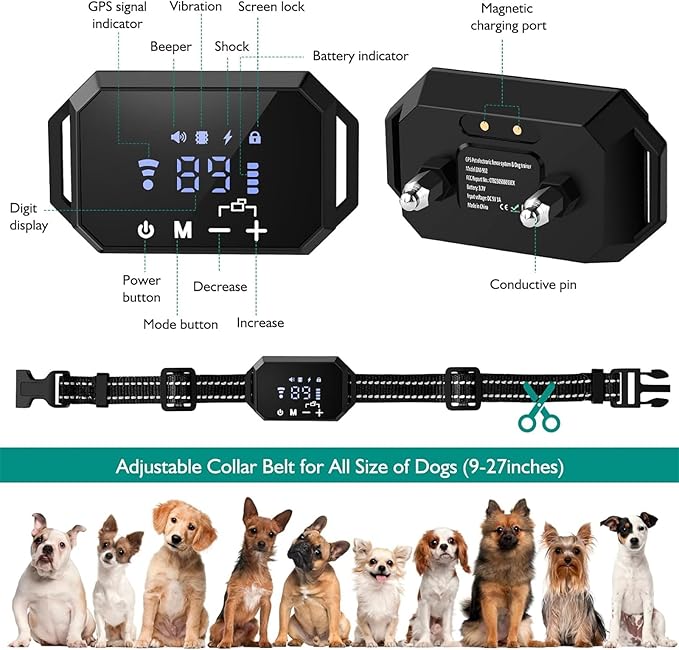 GPS Wireless Dog Fence, Electric Pet Containment System for Stubborn Dogs, Safe Effective, Rechargeable Waterproof Shock Collar Receiver, Tone/Static Correction, Harmless for All Dogs,black