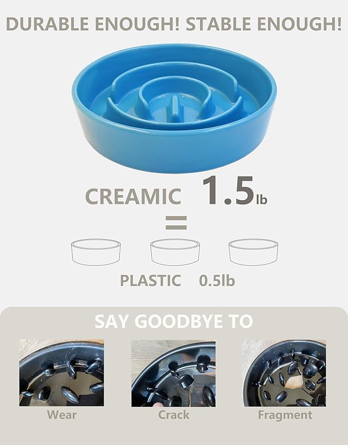 Ceramic Slow Feeder Dog Bowls, 0.6 Cup Slow Feeder for Small Dogs and Cats, Puzzle Maze Bowl, Prevents Choking, 6in, Blue