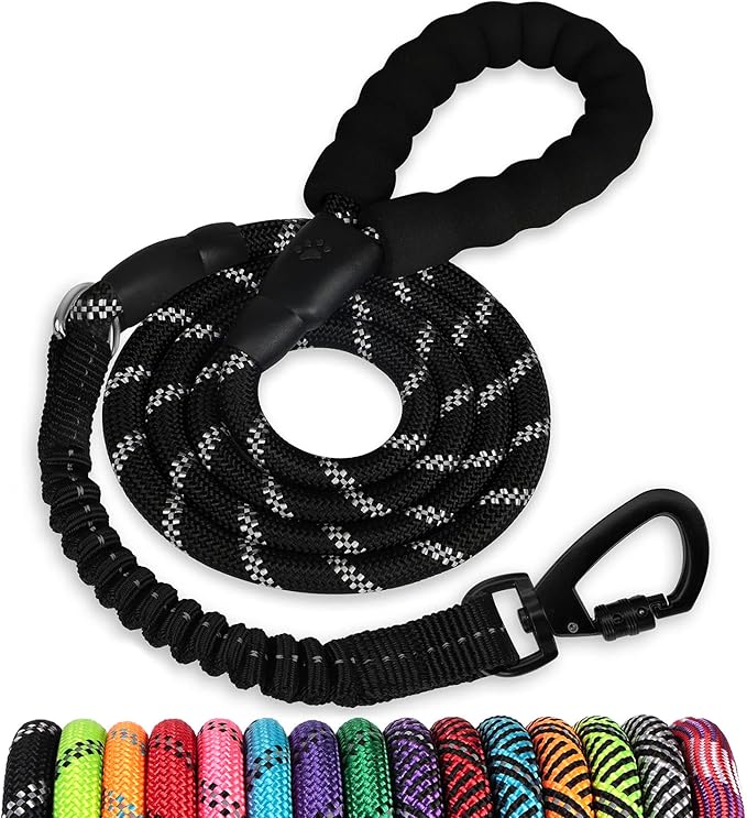 Rope Dog Leash 5 FT: Heavy Duty Leashes with Swivel Lockable Hook Reflective Threads Bungee and Padded Handle - Dog Lead for Large Small Medium Dogs Outside Walking Hiking Black