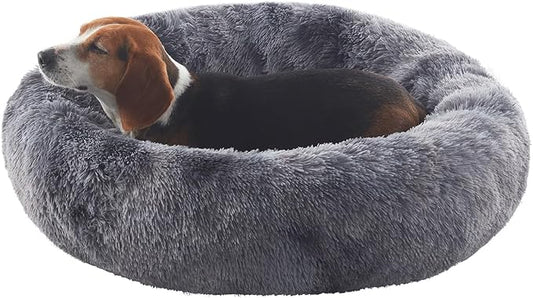 33 inches Donut Dog Bed for Medium Dogs,Calming Fluffy Round Pet Bed with Removable & Washable Cover,Fits up to 65 lbs Pets(Tie-dye Grey,M Plus)