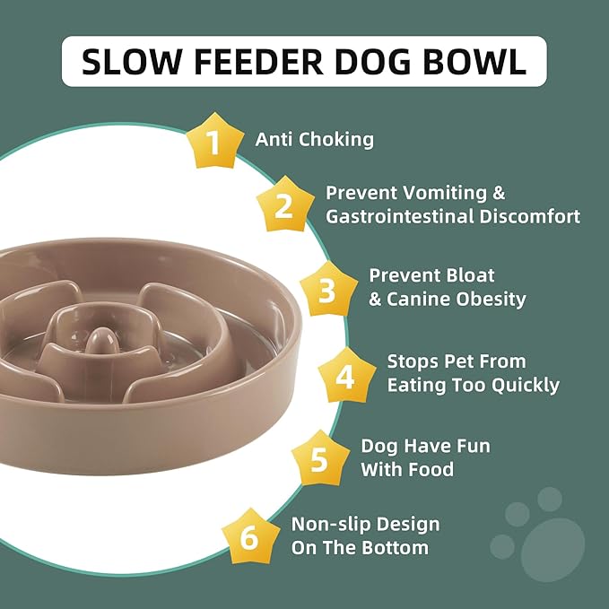 Ceramic 3.2 Cup Slow Feeder Dog Bowl for Large Dog, 9.5inch Puzzle Food Dish, Anti-Gulping, Stop Bloat, Preventing Choking (Single Bowl-Brown Coffee)