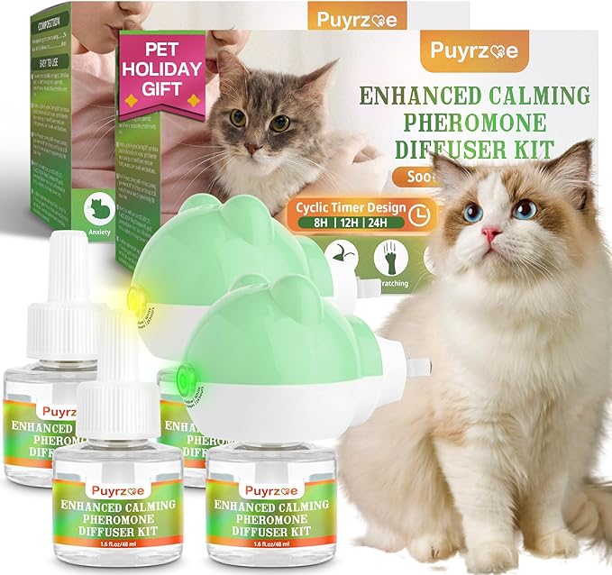 Cat Calming Diffuser with 3 Timing Functions, 6-in-1 Cat Pheromones Calming Diffuser Kit, 120-Day Anxiety Relief, Stress Reduction & Relaxation for All Cats (2 Diffusers + 4 Refills)