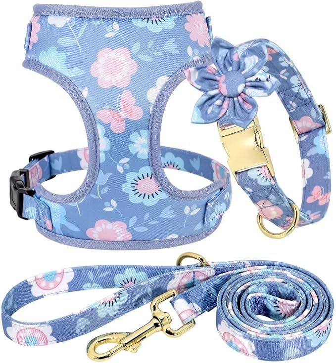 Beirui Cute Girl Dog Collars, Harnesses & Leashes Set - Adjustable Dog Collar and Leash Set with Flower - Soft Mesh Dog Vest Harness for Puppies Small Medium Dogs (Purple,XS)