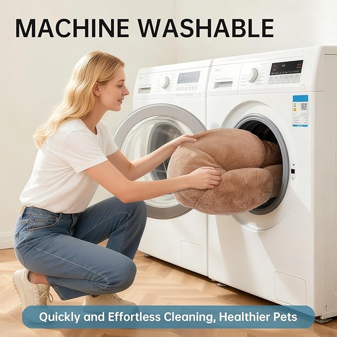 OhGeni 24 inches Calming Donut Dog & Cat Bed for Small Pets, Warming Comfort Fluffy Short Pile Fur, Durable Machine Washable Round Bed, Cute Round Bed for Puppy and Kitten, Camel