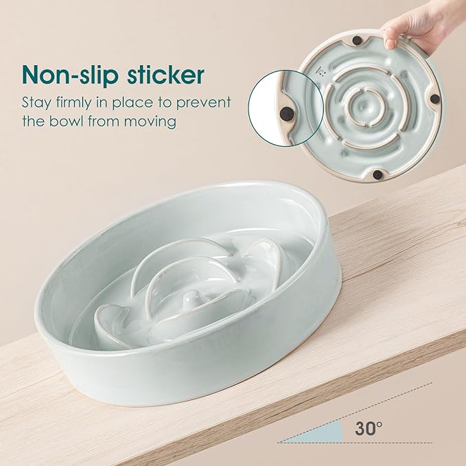 vancasso Slow Feeder Dog Bowl, 1.5 Cups Ceramic Dog Food Dish for Fast Eaters Small Breed, Puzzle Bowl for Small Dogs and Cats, Grayish Cyan