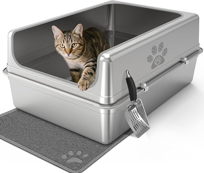 Enclosed Stainless Steel Cat Litter Box with Lid, Oversize Metal Litter Box for Multi Cats, Extra XXL Cat Toilet with High Side, Non-Stick, Anti-Leakage, Odorless, with Litter Mat & Litter Scoop