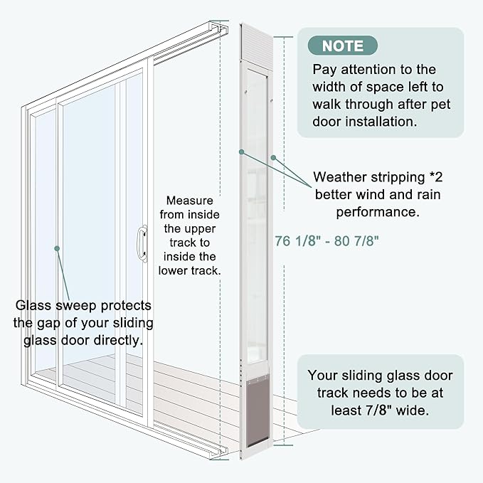 Dog Door for Sliding Glass Doors, Adjustable Height 76 1/8"-80 7/8" Aluminum Frame Tempered Sliding Door Dog Doors Insert with Lock, 7" x 11" Flap Size for Medium Dogs