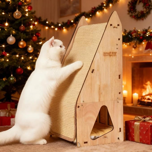 Wood-Framed Cat Scratching Post: Modern Sisal Scratcher Furniture, Integrated Cat Scratch Post Pad Condo Tunnel House Bed. All-in-One Space Saver for Multi-Cat & Budget-Friendly Homes (24in)