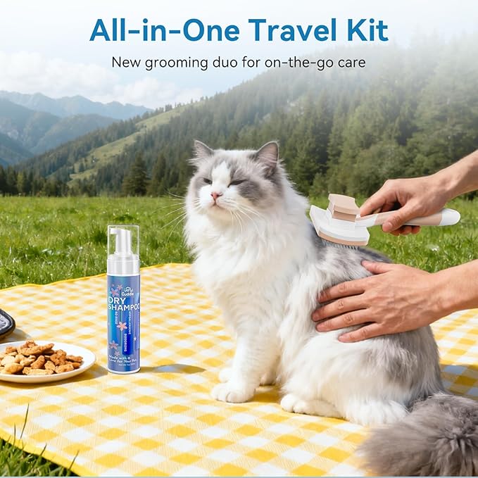 Waterless Cat Shampoo with Brush - No Rinse Safe Licking Foam, Reduce Shedding & Dander, Hypoallergenic for Kittens/Senior Cats, Quick Dry Grooming & Odor Control, Dry Shampoo pH Balanced (7 oz)