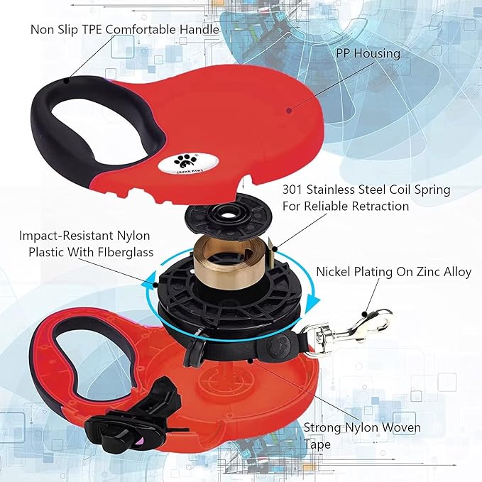16ft Retractable Dog Leash for Medium Breed Dogs up to 44 lbs with a Detachable Chew Proof Extender Wire Ropes (RED M)