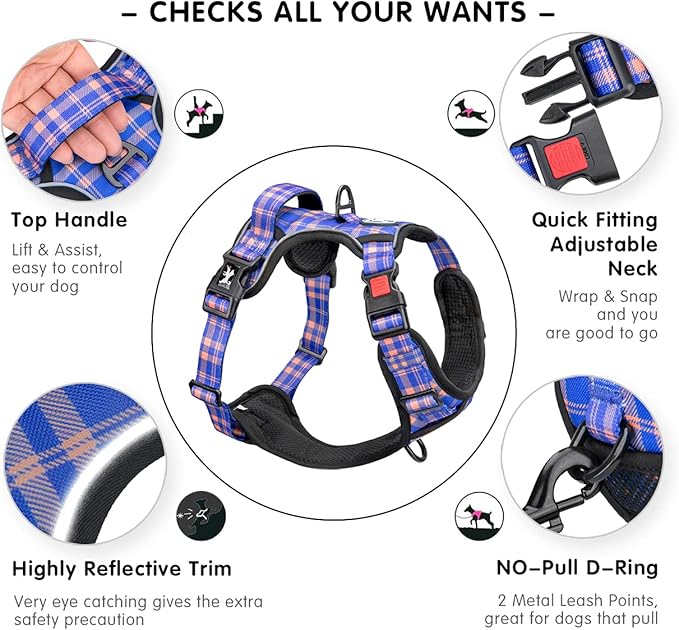 PoyPet No Pull Dog Harness, Reflective Adjustable No Choke Pet Vest with Front & Back 2 Leash Attachments, Soft Control Training Handle for Small Medium Large Dogs(Checkered Blue & Orange,M)