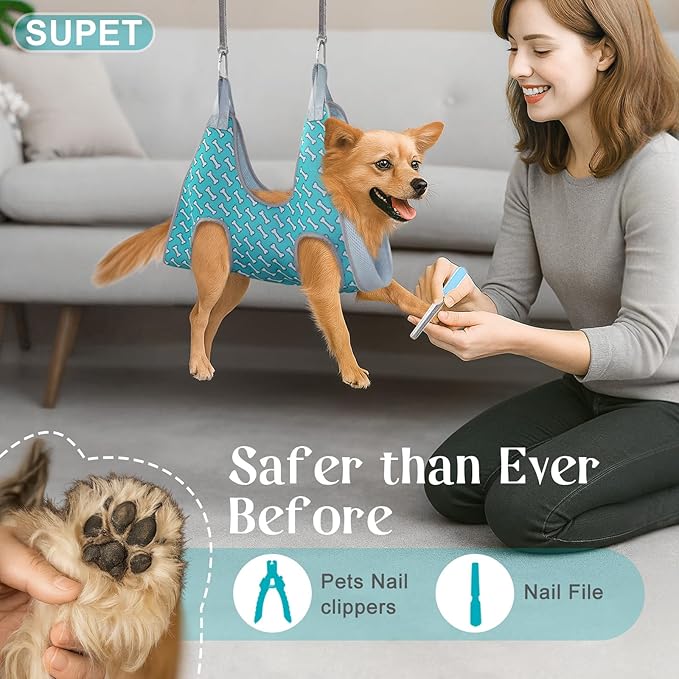 Supet Dog Grooming Hammock Harness for Dogs Cats, Relaxation Pet Nail Clipper Hammock, Restraint Dog & Medium Animal Leashes Sling for Groomingk for Nail Trimming (Coral Blue, M)