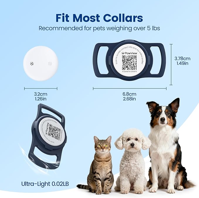 Smart Pet Tracker for Collar - Dog Trackers Location for Pet with Holder, No Monthly Fee, Real-Time Tracking, iOS Only, Emergency Contact, Long-Lasting, Anti-Lost Tracker for Cats, Bag Straps,Blue
