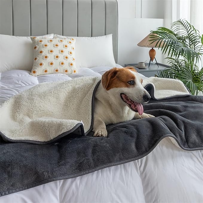 Waterproof Dog Blanket, 3-Layer Flannel and Sherpa Pet Throw, Reversible Protector Cover for Bed Couch Sofa, Grey, 80"x90"