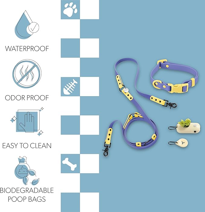 WLK1004C-5SET Luna Small 8FT Adjustable 6-in-1 Waterproof Hands-Free Leash and Collar with LED Flashlight, Bag Dispenser, and Poop Bag Holder, Curaçao