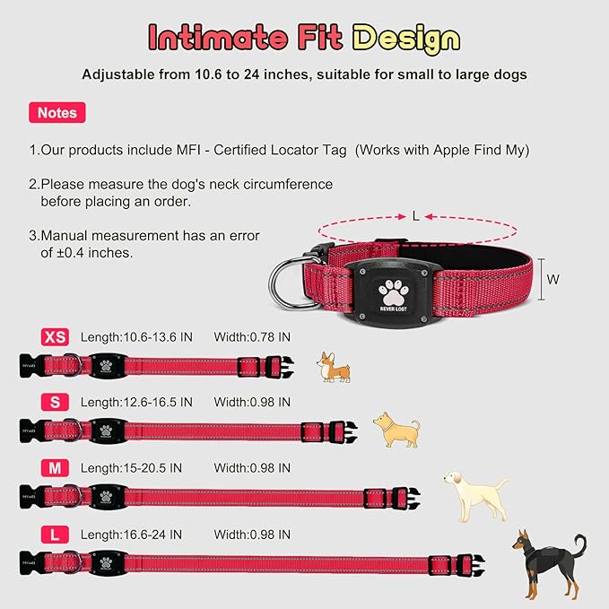 GPS Dog Collar Tracker 2-in-1,Reflective Waterproof Pet Collar,iOS-Only,No Monthly Fees,Unlimited Range,Ideal for Dog Tracking pet Tracker,for Small Dogs(S (12.6"-16.5" Width:0.98"), Red)