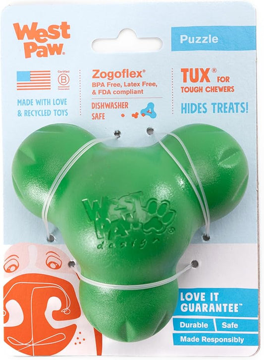 WEST PAW Tux Durable Dog Chew Toy and Treat Dispenser for Strong Chewers and Short Snouted Dog- Tough Interactive Design for Enrichment Training and Play - Made in USA Dishwasher Safe - Clover Green