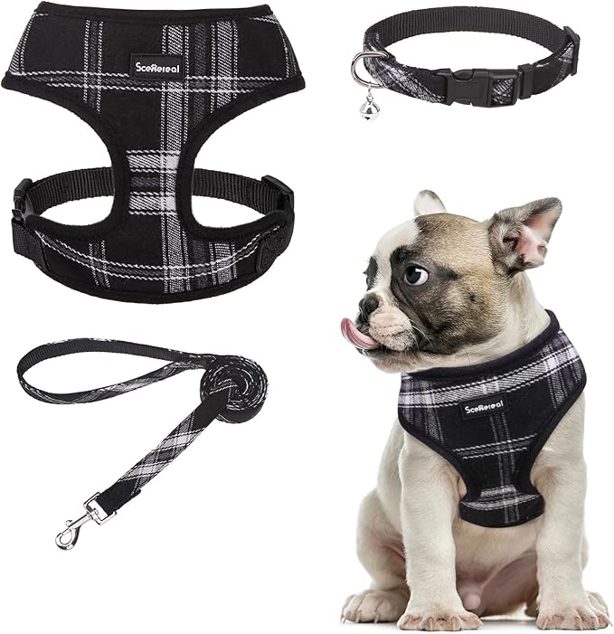 SCENEREAL No Pull Dog Harness Collar and Leash Set Small Medium Sized Dog, Soft Mesh Step in Puppy Harnesses, No Chock Plaid Adjustable Pet Vest for Outdoor Walking Training and Running, Black M