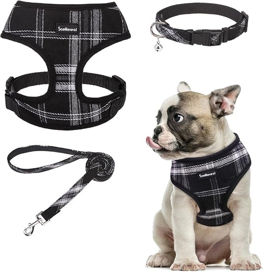 SCENEREAL No Pull Dog Harness Collar and Leash Set Small Medium Sized Dog, Soft Mesh Step in Puppy Harnesses, No Chock Plaid Adjustable Pet Vest for Outdoor Walking Training and Running, Black M