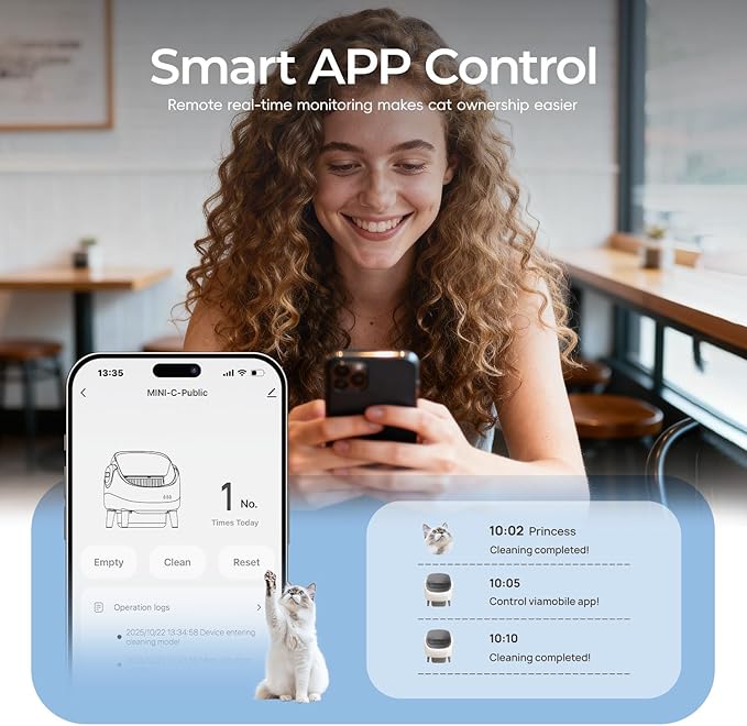 Open-Top Self Cleaning Litter Box, Automatic Cat Litter Box for Multiple Cats, APP Control, Safety Protection, Includes Trash Bags, White/Grey