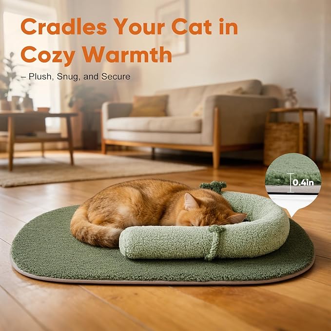 Self Warming Cat Bed Mat with Soft U-Shaped Pillow– Thickened Calming Cat Bed for Kittens and Small Dogs – Portable Washable Cats Warming Pad for Indoor or Travel Use,Green