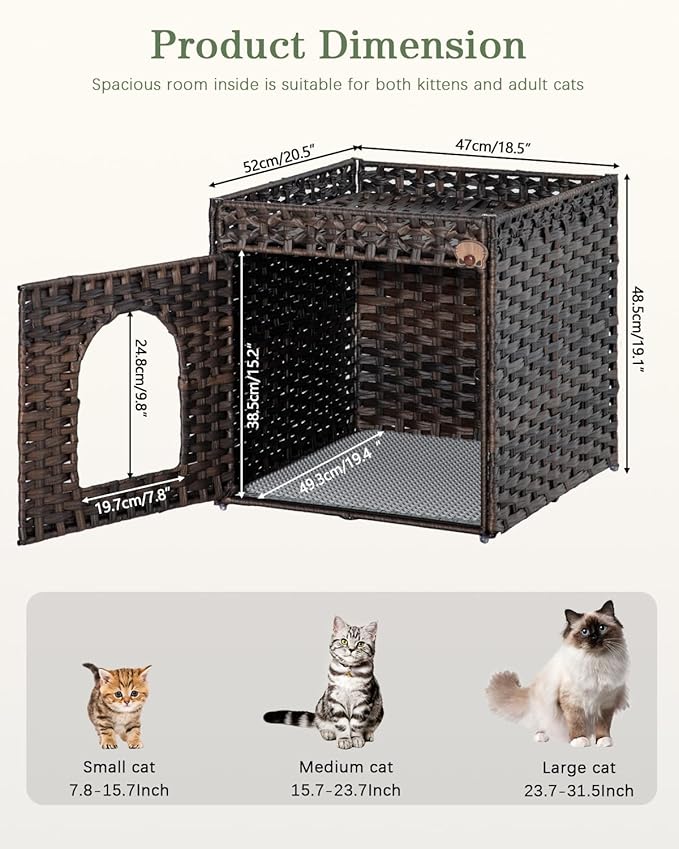 Cat Litter Box Enclosure Furniture, Hidden Litter Box with Mat and Fence, Handwoven Rattan Cat House with Two S-Shaped Hooks for Living Room, Bedroom, 18.5 x 20.5 x 19.1 Inches (Brown)