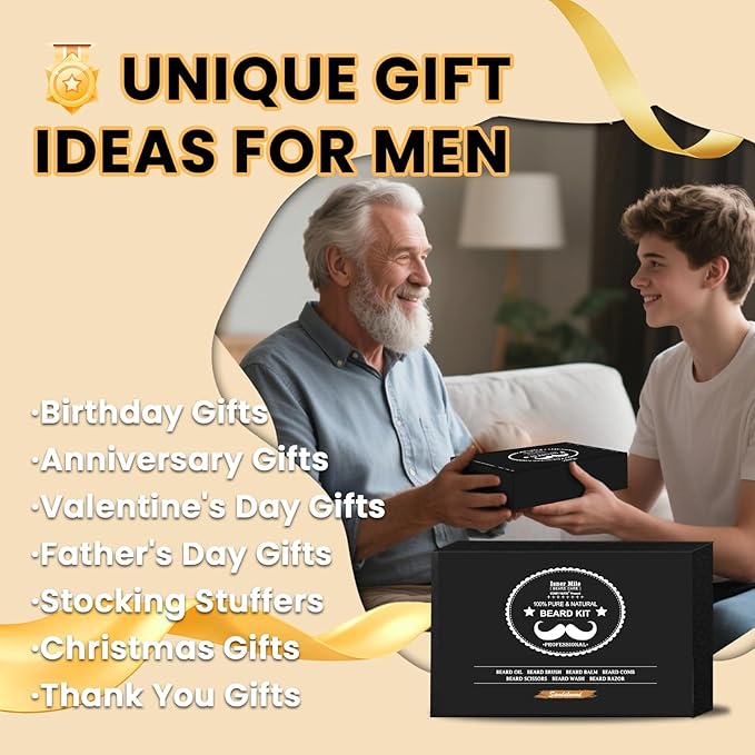 Isner Mile Beard Grooming Kit for Men Care: Trimming Sets with Beard Wash - Oil - Balm - Brush - Comb & Straight Razor, Birthday Christmas Gifts Mens Stocking Stuffers for Him Boyfriend Dad Husband