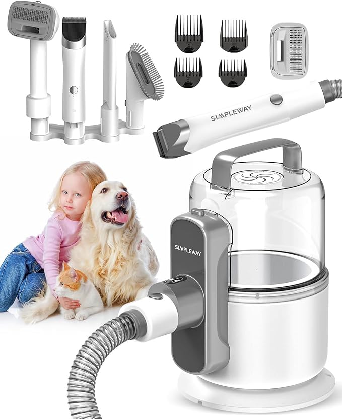Dog Vacuum Grooming Kit for Shedding: Professional Hair Clippers Pet Groomer - Strong Suction Cleaner Deshedding Tool Fur Brush Attachment Trimmer for Home Cat (Milky)