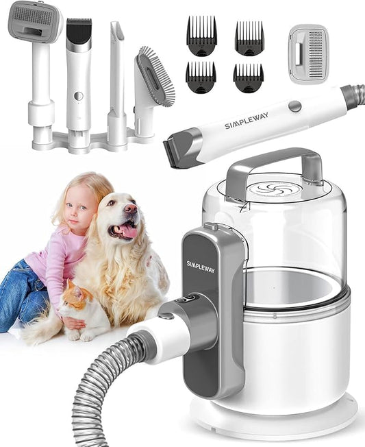 Dog Vacuum Grooming Kit for Shedding: Professional Hair Clippers Pet Groomer - Strong Suction Cleaner Deshedding Tool Fur Brush Attachment Trimmer for Home Cat (Milky)