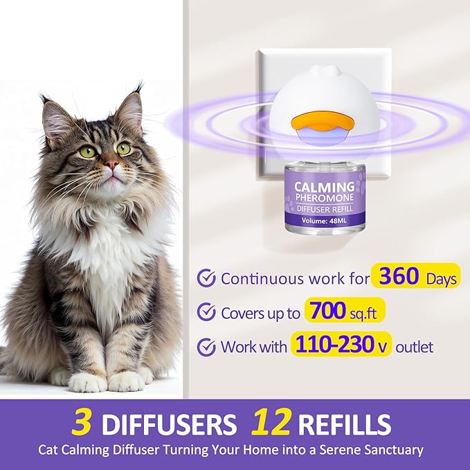 OcePor 12 Refill Solutions,3 Plugs- Cat Pheromones Calming Diffuser Refill, cat Diffuser Calming,pheromone Diffuser to Calm Cats,cat Anxiety Relief
