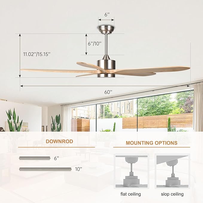 reiga 60 Inch Large DC Motor Outdoor Ceiling Fan with Dimming LED Light Kit, Alexa, Google Home, App and Remote Control, 5 Natural Wood Propeller Blades for Patio Garage Farmhouse and Porch